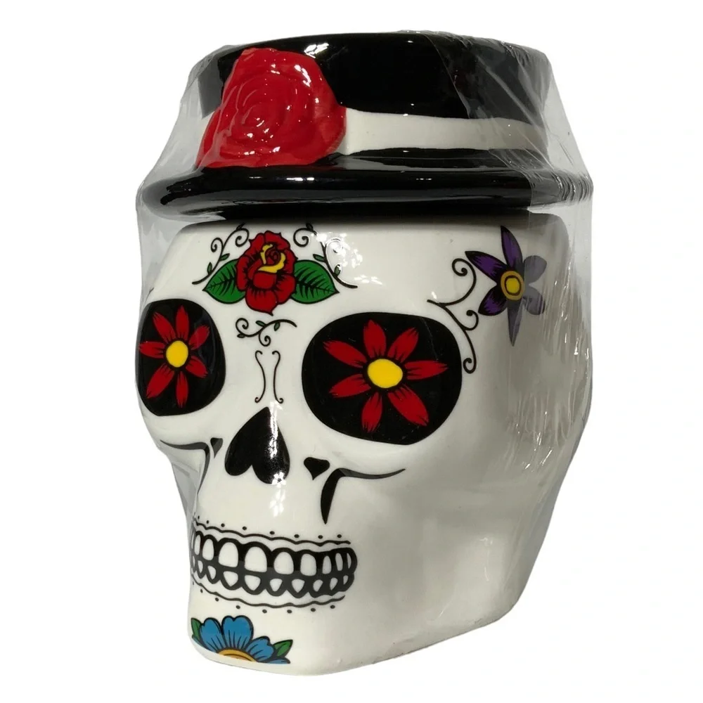 Canister Jar Sugar Skull Ceramic Hand Painted With Lid Colorful Multicolor White